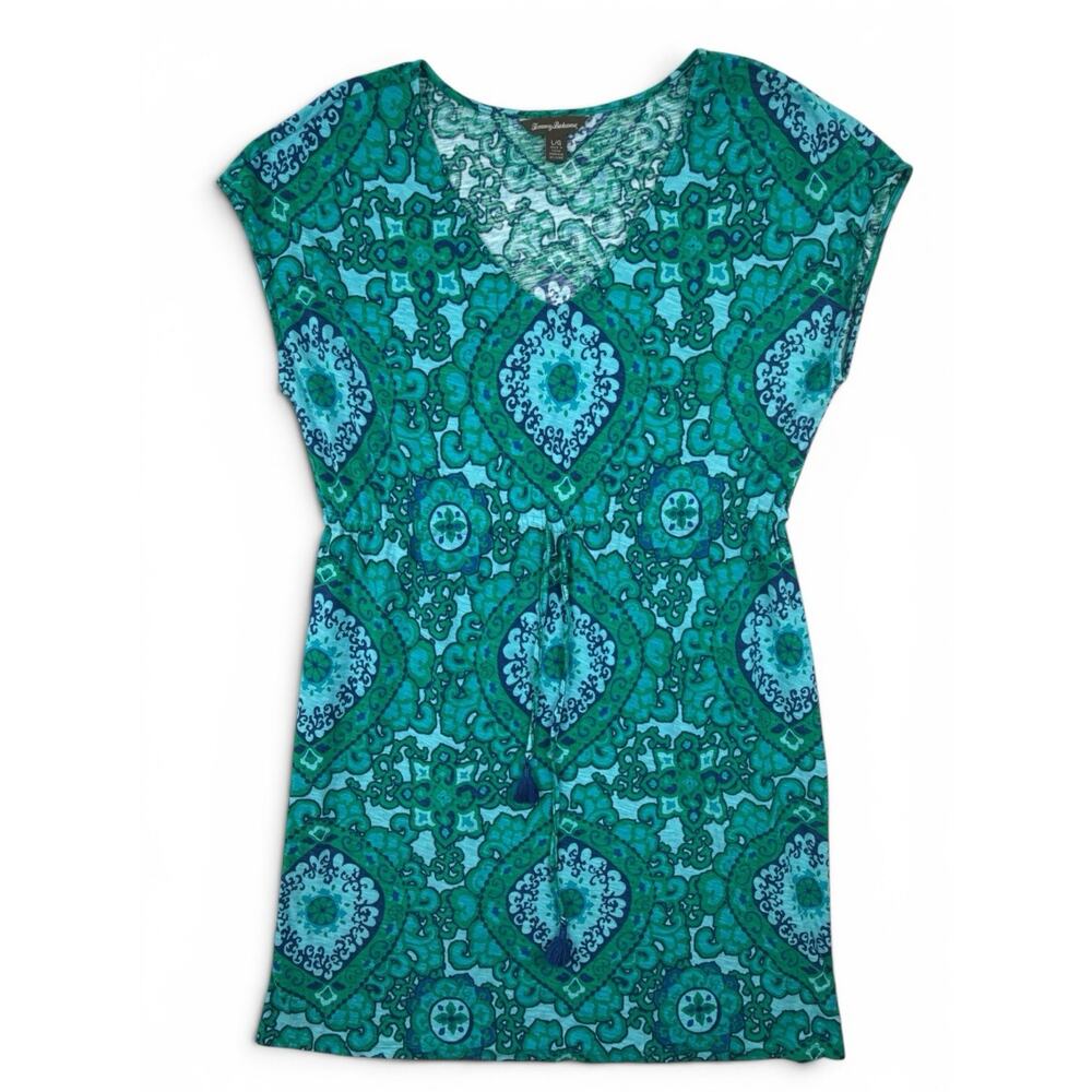 TOMMY BAHAMA Dress Batik Print Knit Green Blue Cap Sleeve Drawstring Waist Large - Picture 3 of 10